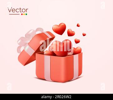 3d opened gift box with floating hearts inside flying out, isolated on background. Design concept for gifts, valentine, love, social media. 3D heart vector illustration. Vector illustration Stock Vector