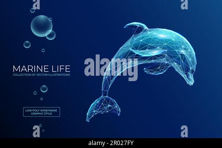 Polygonal jumping dolphin on blue background. Marine life concept. Stock Vector