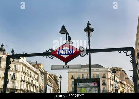 Sol metro station, signs and streetlights, Plaza Puerta del Sol, Madrid, Spain Stock Photo