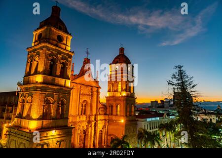 Cathedral Basilica of St. Lawrence at nighttime, Santa Cruz de la Sierra, Bolivia Stock Photo