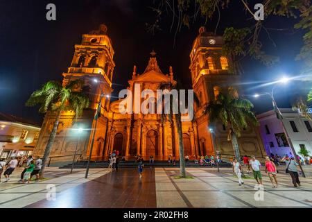 Cathedral Basilica of St. Lawrence at nighttime, Santa Cruz de la Sierra, Bolivia Stock Photo