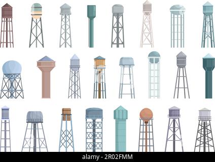 Water tower icons set cartoon vector. Industrial tank. Construction tower Stock Vector