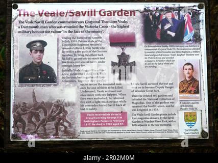 Tourist information board about Corporal Theodore Veale VC at the Veale/Savill Garden, Royal Avenue Gardens, Dartmouth, South Devon, England, UK Stock Photo