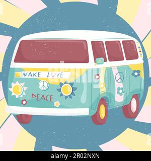 Hippie vintage car mini van. Decorative background Stock Vector