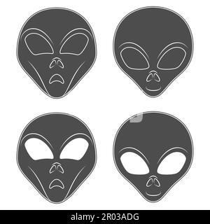 Set of black and white illustration with alien face. Isolated vector object on white background. Stock Vector