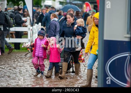 Bristol, UK. 06th May, 2023. 6th May 2023. Waterproofs were essential wear on Day 2 of the 2023 Badminton Horse Trials presented by MARS at Badminton House near Bristol, Gloucestershire, England, United Kingdom. Credit: Jonathan Clarke/Alamy Live News Stock Photo