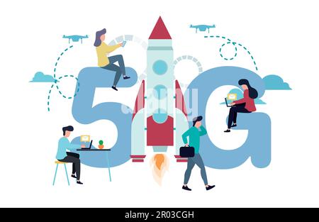Vector illustration of 5G internet. A man with a laptop at the table, another with a briefcase is walking next to the rocket, women are sitting on a Stock Vector