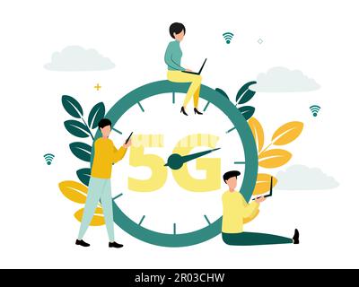 Vector illustration of 5G internet. Men and woman with a smartphone and laptops near a large clock with a 5G sign, on the background of network icons Stock Vector