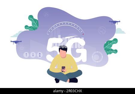 Vector illustration of 5G internet. A man with a smartphone in his hands sits near a 5G sign, above which a speedometer, against the background of a Stock Vector