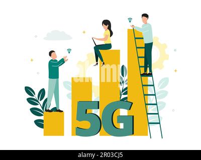 Vector illustration of 5G internet. A man stands on the stairs near the division of the network sign, a woman with a laptop sits on a column, against Stock Vector