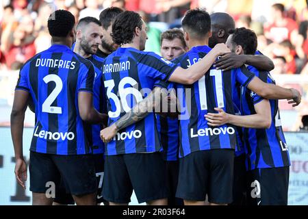 Rome, Italy. 06th May, 2023. FC Internazionale players celebrate after Federico Dimarco scored the goal of 0-1 during the Serie A football match between AS Roma and FC Internazionale at Olimpico stadium in Rome (Italy), May 6th, 2023. Credit: Insidefoto di andrea staccioli/Alamy Live News Stock Photo