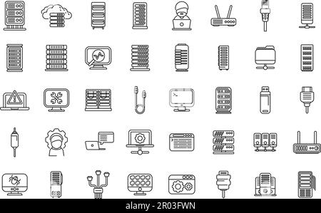 System administrator icons set outline vector. Server data. Cable computer Stock Vector