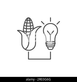 Biomass electric related vector linear icon. Corn powers a light bulb. Ecological research. Eco energy and biofuel. Vector outline illustration Isolat Stock Vector