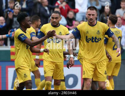 Genk, Belgium. 06th May, 2023. Union's Teddy Teuma holds the ball