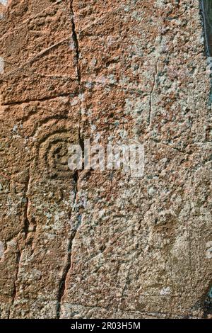Etchings on Long Meg standing stone at the Long Meg and her Daughters Stone Circle, near Little Selkeld, Penrith, Cumbria Stock Photo
