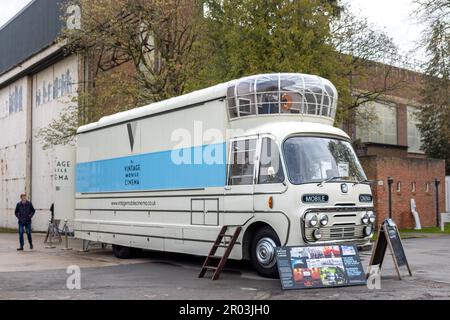 1967 Bedford Vintage Mobile Cinema, on display at the April Scramble held at the Bicester Heritage centre on the 23 April 2023. Stock Photo