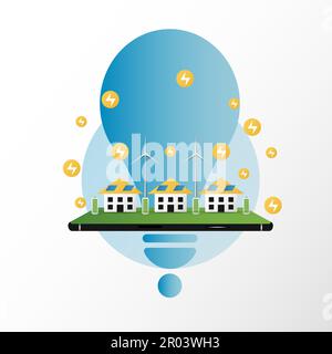 architecture eco sustainable environment concept. building with ecology, sustainability, solar panels, windmill, nature on mobile and green color, Stock Vector