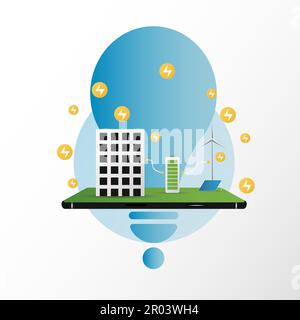 architecture eco sustainable environment concept. building with ecology, sustainability, solar panels, windmill, nature on mobile and green color, Stock Vector