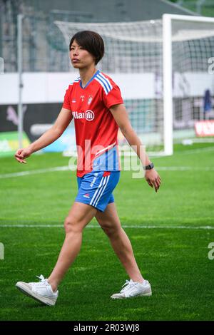 Essen, Germany. 06th May, 2023. Essen, Germany, May 06th 2023: SGS Essen  fan waving a fan flag during the Frauen Bundesliga game between SGS Essen  and FC Bayern unich at the Stadion