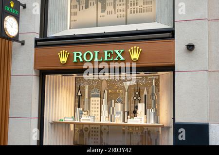 Geneva, Switzerland - Jan 14, 2023: Rolex clock store in Geneva. Rolex SA is a Swiss luxury watch manufacturer based in Geneva. Stock Photo