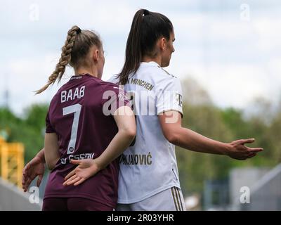 Essen, Germany. 06th May, 2023. Essen, Germany, May 06th 2023: SGS Essen  fan waving a fan flag during the Frauen Bundesliga game between SGS Essen  and FC Bayern unich at the Stadion