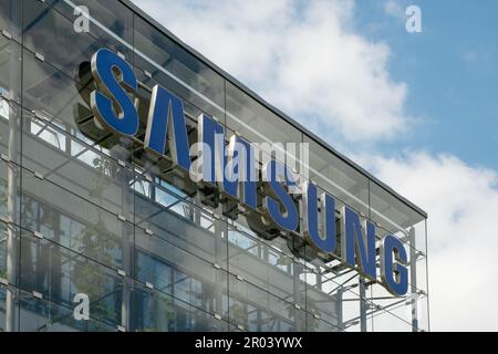 Prague,CZ -27 April 2023: The SAMSUNG sign Logo on Czech Republic Headquarter. Technology Concept Korean Corporation. EDITORIAL Stock Photo