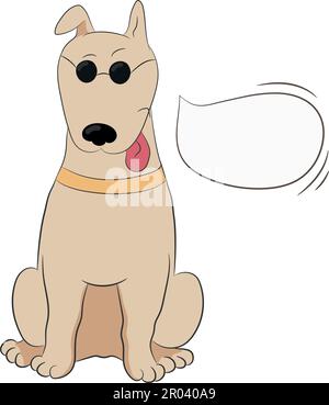 Cartoon dog in sun glasses with a speech bubble isolated on white. Hand drawn vector art Stock Vector