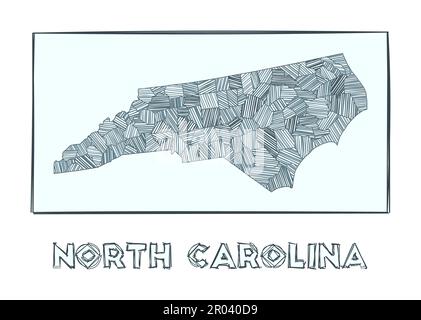 Sketch map of North Carolina. Grayscale hand drawn map of the us state. Filled regions with hachure stripes. Vector illustration. Stock Vector