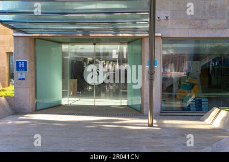 Portocolom, Spain; april 23 2023: Main entrance of a closed hotel of the JS Hotels company, in the Majorcan town of Portocolom, Spain Stock Photo
