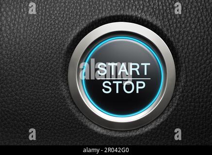 Engine start button with blue glowing ring on a modern car Stock Photo