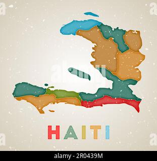 Haiti map. Country poster with colored regions. Old grunge texture. Vector illustration of Haiti with country name. Stock Vector