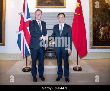 London, UK. 6th May, 2023. Chinese Vice President Han Zheng, who is also Chinese President Xi Jinping's special representative, meets with British Deputy Prime Minister Oliver Dowden in London, Britain. Han attended the coronation ceremony of King Charles III of the United Kingdom and related activities upon invitation from May 5 to May 6. Credit: Li Tao/Xinhua/Alamy Live News Stock Photo
