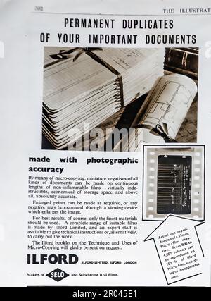 A 1942 advertisement for Ilford, the photo company advising of their image scanning capabilities, ‘miniature negatives of documents can be made on continuous lengths of non inflammable film’ Stock Photo