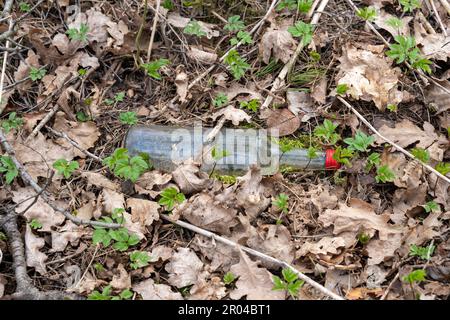 Empty transparent glass bottle with red cap on the ground in forest Stock Photo