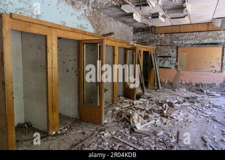 View of interior of post office in abandoned city of Pripyat in Ukraine on May 6, 2023 from where all dwellers were evacuated after disaster on Chernobyl nuclear plant Stock Photo