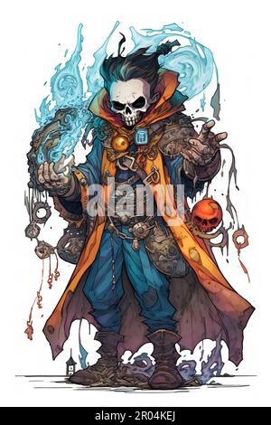 Sinister cartoon illustrations of evil wizards, sorcerers, and necromancers are perfect for enhancing book or module designs, tattoos, and wall art. Stock Photo