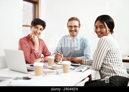 We work so well together. Cropped portrait of a diverse group of businesspeople sitting together and smiling during a successful meeting in the office Stock Photo