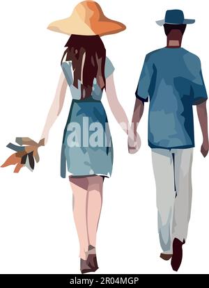 Summer love husband and wife walking together over white Stock Vector