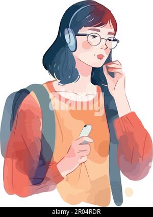 Young woman working smiling wearing headphones over white Stock Vector