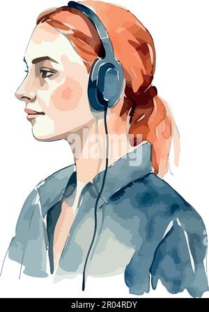 woman wearing headphones over white Stock Vector
