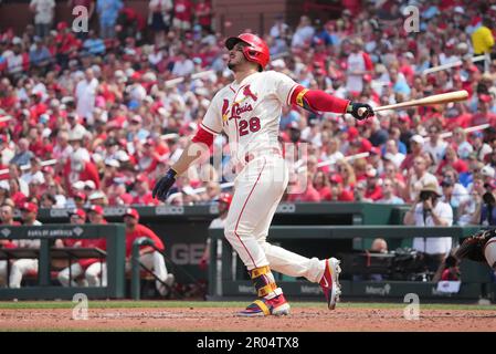 St. Louis, USA. 06th May, 2023. St. Louis Cardinals Nolan Arenado swings, hitting a two run home run in the fifth inning against the Detroit Tigers at Busch Stadium in St. Louis on Saturday, May 6, 2023. Photo by Bill Greenblatt/UPI Credit: UPI/Alamy Live News Stock Photo