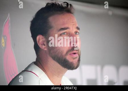 St. Louis, USA. 06th May, 2023. St. Louis Cardinals starting pitcher Adam Wainwright sits in the dugout as he watches his team bat against the Detroit Tigers in the sixth inning at Busch Stadium in St. Louis on Saturday, May 6, 2023. Photo by Bill Greenblatt/UPI Credit: UPI/Alamy Live News Stock Photo