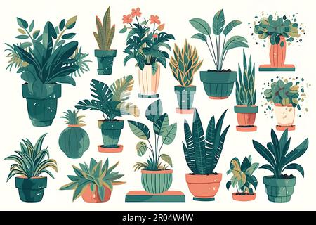 Houseplants in flowerpots on white background illustration set, Vector ...