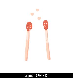 Symbol of love relationship postcard and greeting card for couple. Pink matches illustration with hearts. Stock Vector