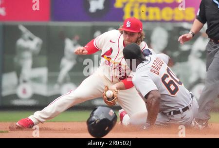 St. Louis, USA. 06th May, 2023. Detroit Tigers Akil Baddoo slides safely into second base as St. Louis Cardinals Brendan Donovan bobbles the baseball in the fifth inning at Busch Stadium in St. Louis on Saturday, May 6, 2023. Photo by Bill Greenblatt/UPI Credit: UPI/Alamy Live News Stock Photo