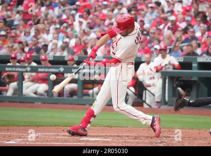 St. Louis, USA. 06th May, 2023. St. Louis Cardinals Dylan Carlson connects for a three run home run in the second inning against the Detroit Tigers at Busch Stadium in St. Louis on Saturday, May 6, 2023. Photo by Bill Greenblatt/UPI Credit: UPI/Alamy Live News Stock Photo