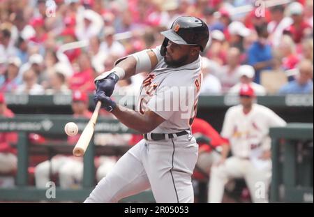 St. Louis, USA. 06th May, 2023. Detroit Tigers Akil Baddoo swings hitting a single against the St. Louis Cardinals in the fifth inning at Busch Stadium in St. Louis on Saturday, May 6, 2023. Photo by Bill Greenblatt/UPI Credit: UPI/Alamy Live News Stock Photo