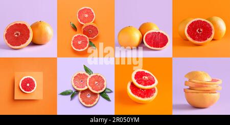 Collage with fresh grapefruits on bright background Stock Photo