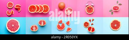 Collage with fresh grapefruits on colorful background Stock Photo