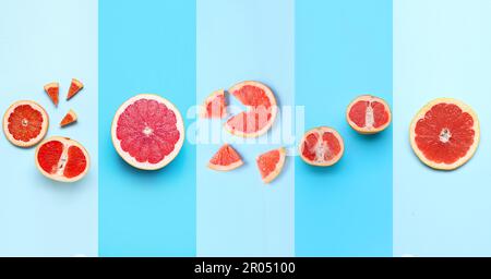 Collage with fresh cut grapefruits on light blue background Stock Photo